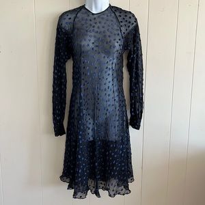 Vintage Sheer Black Dress with Blue Velvet Dots - SIZE MEDIUM